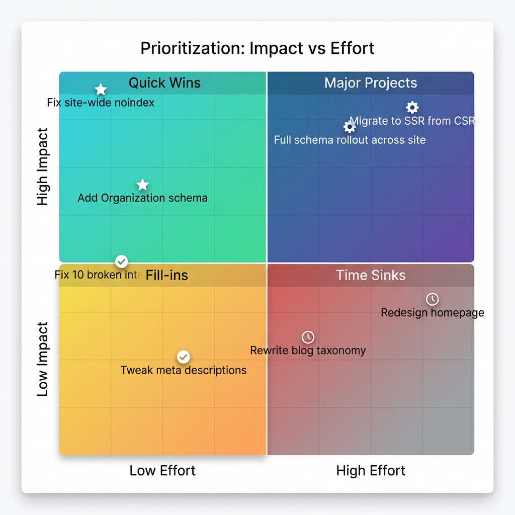 Impact vs. effort prioritization quadrant — quick wins, major projects, fill-ins, time sinks