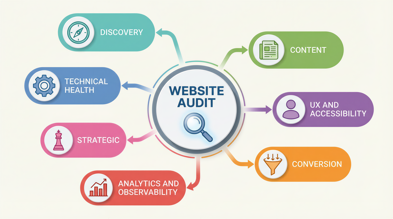 Seven-step website audit method — from discovery and crawl through scoring, deliverable, and monitoring